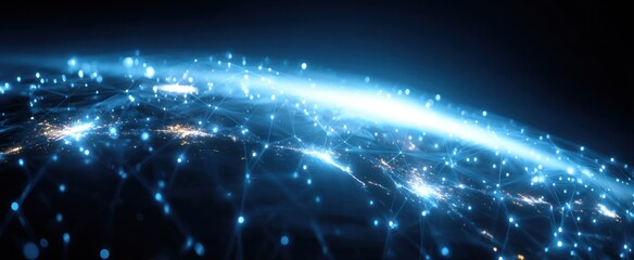 A global network of interconnected cities, highlighted by luminous connections and points of light, illuminating a vast expanse of space.