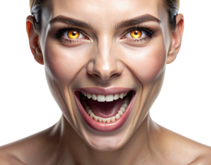An illustration of a person with a high-contrast look, featuring a wide, unsettling grin and glowing eyes