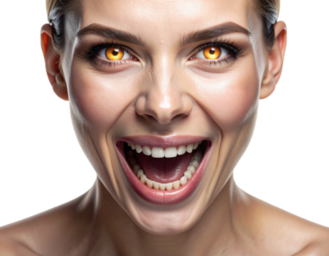 An illustration of a person with a high-contrast look, featuring a wide, unsettling grin and glowing eyes
