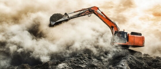 Powerful excavator digging creating dust cloud industrial machinery construction site