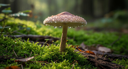 Mushroom covered in water droplets growing on a mossy forest floor with sunlight shining through the trees in the background