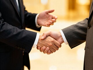Two professionals in suits shake hands in a warm business environment, symbolizing agreement or partnership.