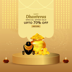 Happy Dhanteras Indian Festival Diwali biggest gold sale pedestal podium banner, poster and web header design vector illustration.