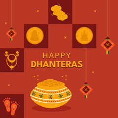 Happy Dhanteras Indian festival celebration Flat trendy geometric style vector illustration.