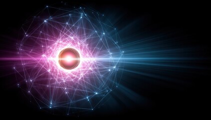 A vibrant, interconnected sphere radiates with glowing lines of light against a dark background.
