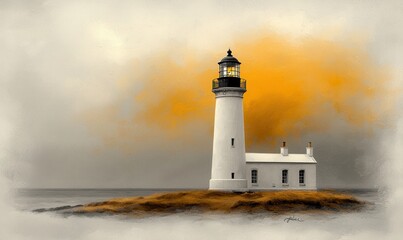 Naklejka premium White Lighthouse at Dusk on Island Coast
