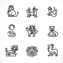 Modern illustration of Eastern horoscope symbols in outline form