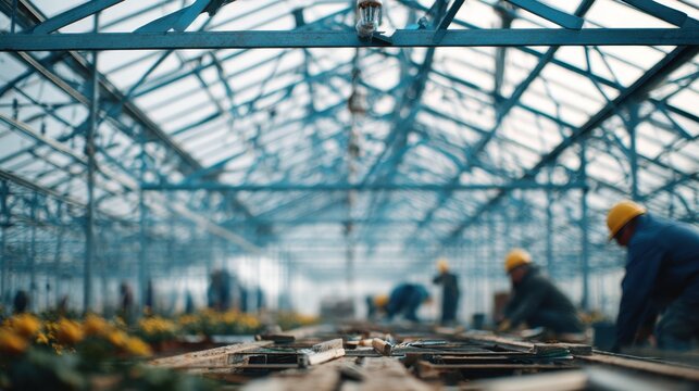 Close medium shot of a large industrial greenhouse kit being constructed main support beams in crisp focus with outoffocus workers and garden tools in the background.