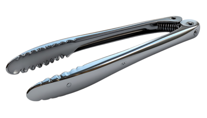 Stainless steel tongs, angled view