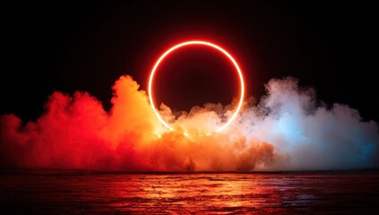 A vibrant, dramatic scene features a glowing neon circle situated above a body of water, surrounded by billowing, colorful smoke.