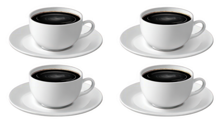 Four white ceramic cups filled with black coffee, each placed on a matching saucer, isolated on a transparent background, representing a morning beverage or cafe theme