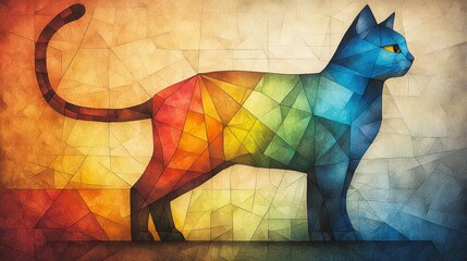A colorful geometric illustration of a cat, showcasing vibrant hues and a modern artistic style.