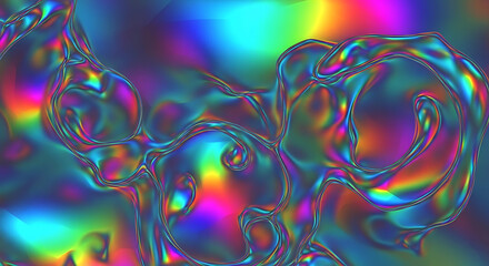 Abstract iridescent holographic fluid with swirls and rainbow colors in a bright background