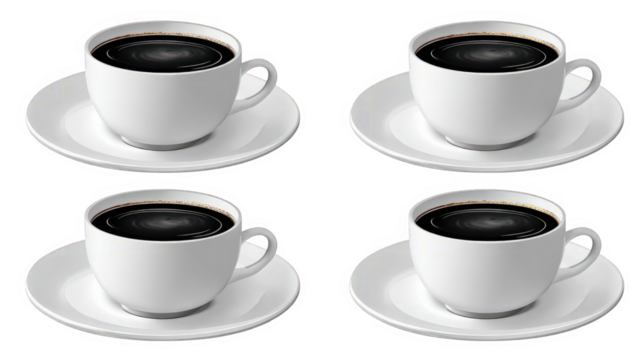 Four white ceramic cups filled with black coffee, each placed on a matching saucer, isolated on a transparent background, representing a morning beverage or cafe theme