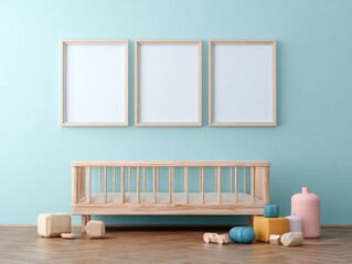A light teal-colored nursery displays a wooden crib and play items, with three empty frames adorning the pastel-toned wall.