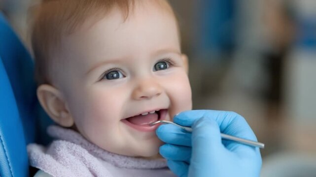 Joyful Dental Visit: A happy infant, radiating innocence and trust, experiences their first dental check-up, showcasing healthy gums and developing teeth.