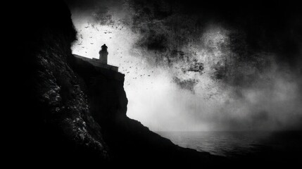 Obraz premium Lighthouse silhouette misty coastline