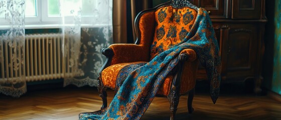Antique armchair with teal and orange throw blanket interior decor