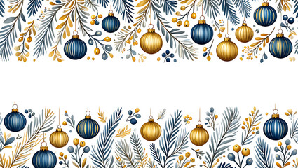 Elegant Christmas Decoration Border with Gold and Blue Ornaments and Floral Watercolor Design Background