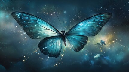 Cosmic butterfly nebula dreamy teal wings soaring through space glowing lights