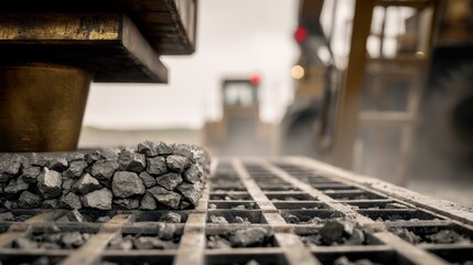 Hydraulic ore crushing scene in medium shot capturing the pressure plates clamping down tightly on raw material with the rest of the heavy equipment gently blurred.