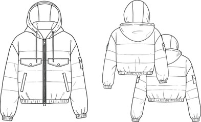 Puffer jacket technical drawing, hoodie jacket vector, front and back view, fashion flat sketch, CAD template, outerwear design, winter jacket illustration