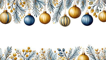 Elegant Christmas Ornament Border with Blue and Gold Watercolor Holiday Decorations on a White Background for Festive Designs and Seasonal Projects