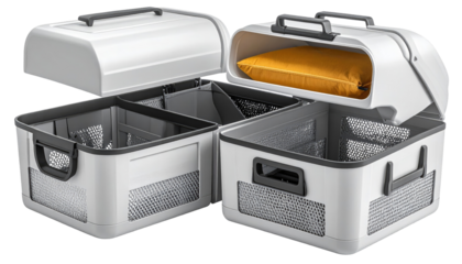 Gray storage box open, showing internal compartments