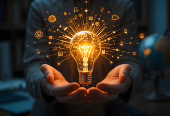 The Concept of Innovative Ideas, Inspiration, Creative Business, and Technology, with a Person Holding a Globe in the Shape of a Light Bulb in Both Hands