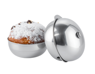 Two metallic spherical containers holding a dusted pastry
