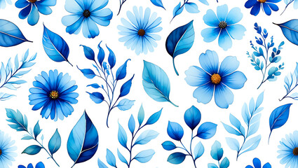 Elegant Floral Pattern with Watercolor Blue Flowers and Leaves on White Background Seamless Vector Repeat Design