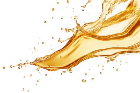 Golden liquid splash with droplets dynamic motion isolated on a transparent background yellow