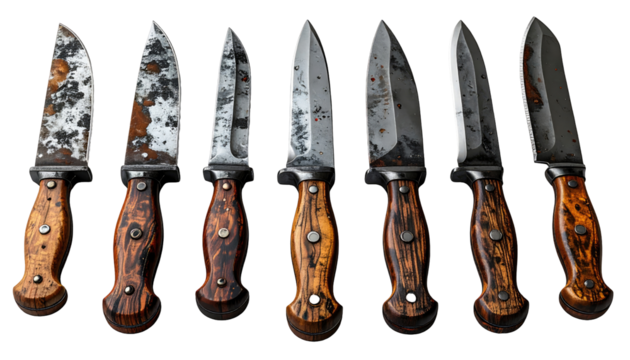 A row of knives with wood handles