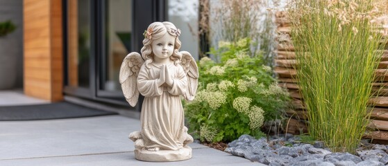 Serene angel statue garden decor peaceful outdoor scene religious figurine