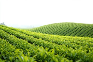 Lush green tea plantation rows on rolling hills under a bright sky image
