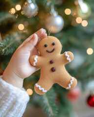A handmade felt gingerbread man decoration as a gift for a child. Little, cheerful children's hands gently hold the gingerbread man, admiring it.