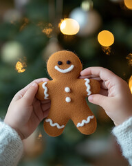 A handmade felt gingerbread man decoration as a gift for a child. Little, cheerful children's hands gently hold the gingerbread man, admiring it.