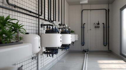 Smart home rainwater harvesting system with integrated purification, showing water levels, sustainable living, resource management 