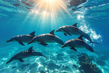 Fototapeta premium Photorealistic Dolphin in Ocean – Jumping, Swimming, and Sunset Silhouettes