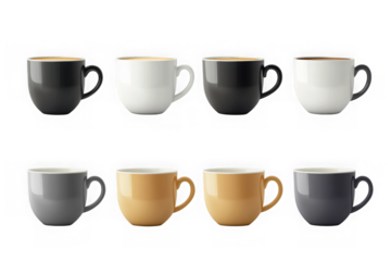 Set of eight ceramic coffee cups in various colors with coffee isolated on a transparent background drink