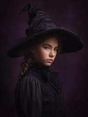 Halloween witch costume girl portrait in dark black hat and dress spooky theme