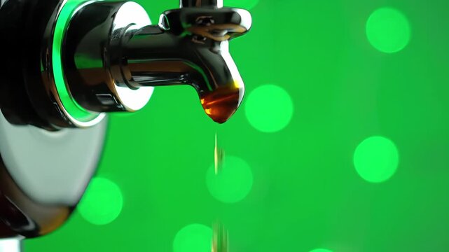 Macro Cinematic Drip of Maple Syrup from Futuristic Dispenser with Green Bokeh Glow  