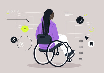 A creative scene captures a wheelchair user surrounded by futuristic screens displaying data and icons, merging technology with daily life in an imaginative environment