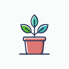Minimalist illustration of a potted plant with three vibrant green and blue leaves