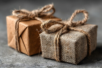 Two brown gift boxes wrapped with jute twine resting on gray surface