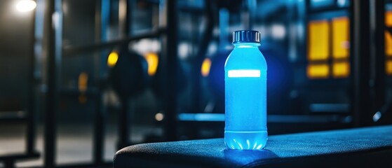 Blue fitness drink bottle in gym setting blank label copy space