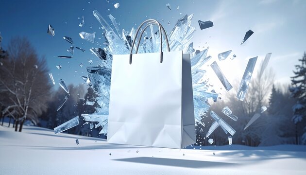 Blank shopping bag with exploding ice shards background