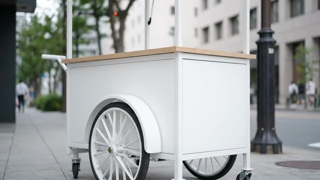 White Street Food Cart Mockup - A clean, white street vending cart with a light wood countertop sits on a city sidewalk.