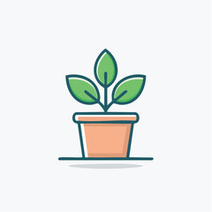 Minimalistic Icon of a Potted Plant with Vibrant Green Leaves and Orange Pot, Vector Art