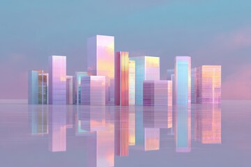Obraz premium Ethereal Metropolis of Glowing Pastel Blocks on a Mirrored Surface.